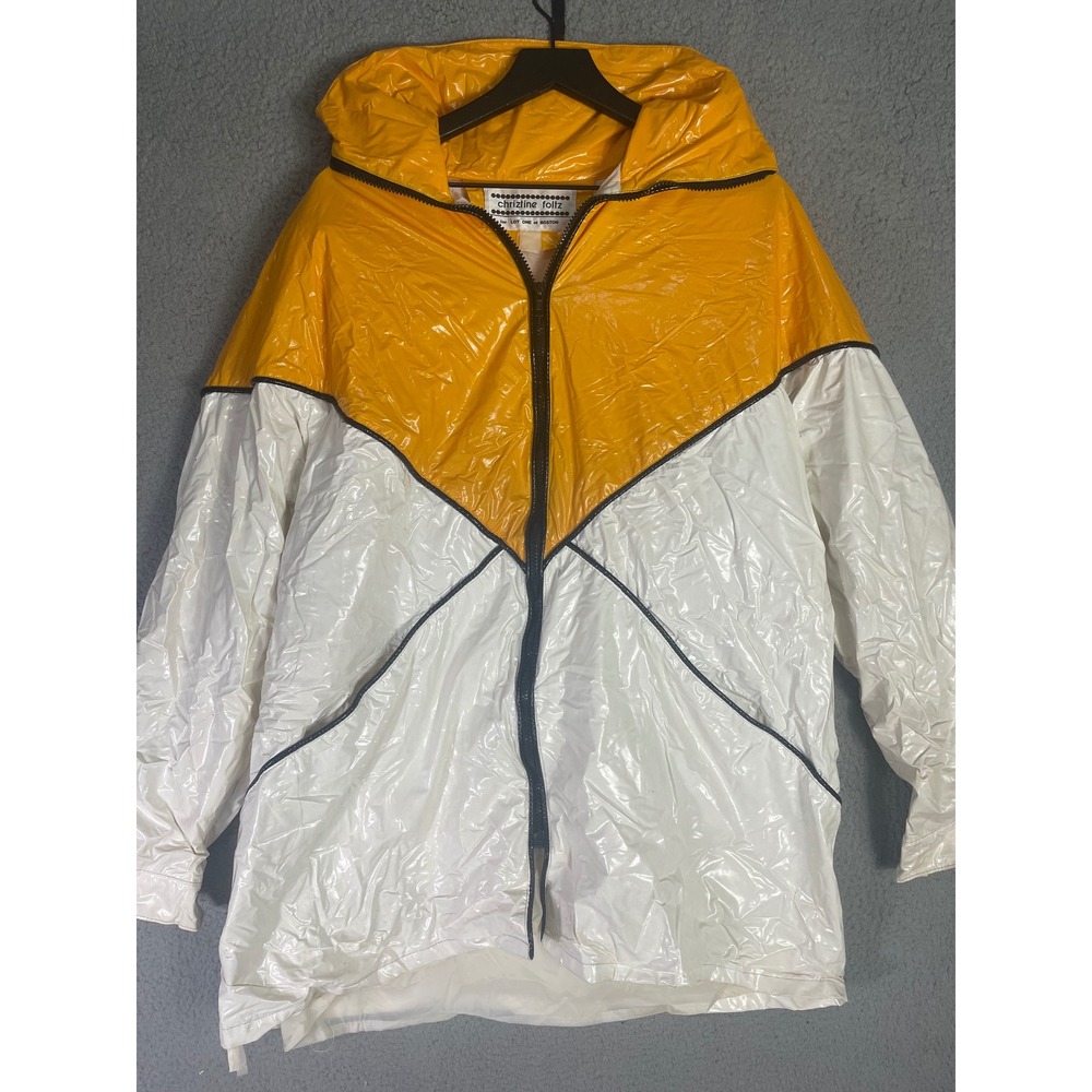 Vintage Chriztine Foltz for Lot One of Boston Yellow White Hooded Raincoat 80s - Picture 5 of 10
